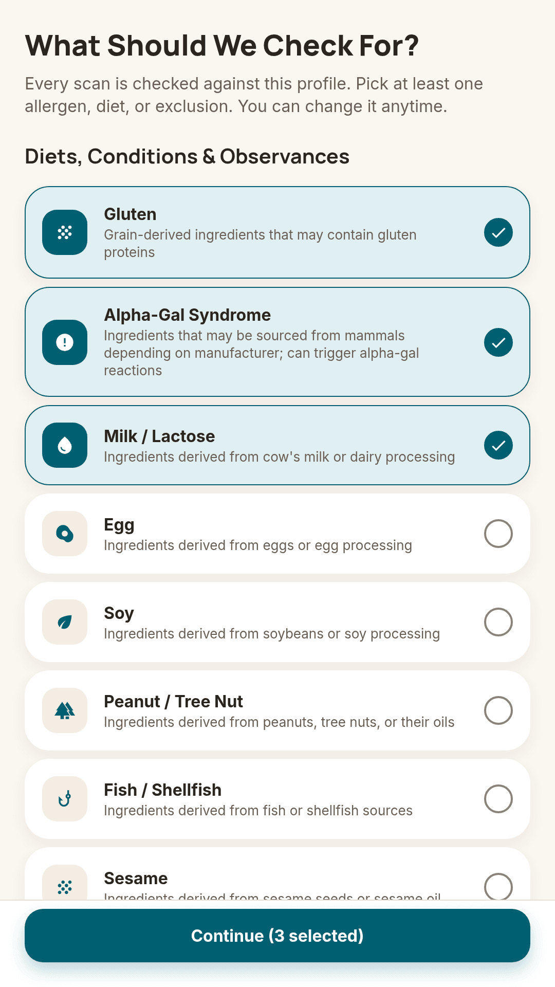 Choosing allergens and diets to check for